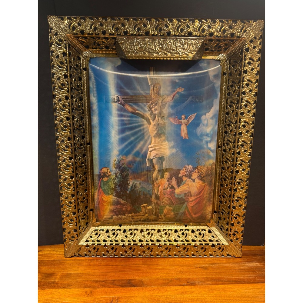 Vintage 3D Lenticular Jesus Crucifixion Resurrection Ornate Gold Filigree Frame